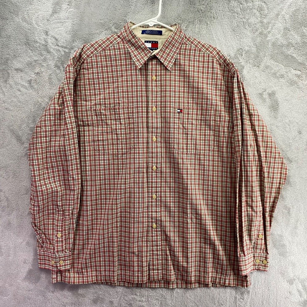 Tommy Hilfiger Red Plaid Button Down Shirt Men's L 100% Cotton Flag Logo
